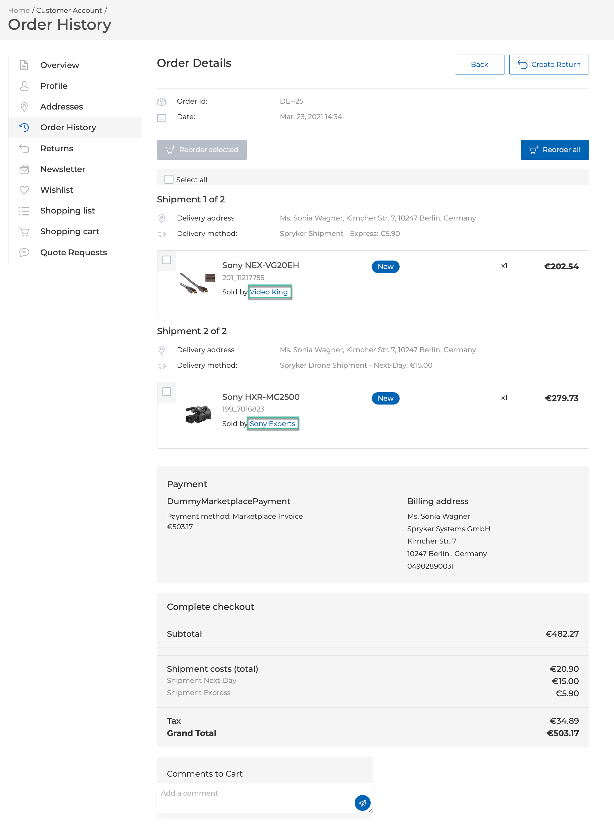 Merchant link on the order details page