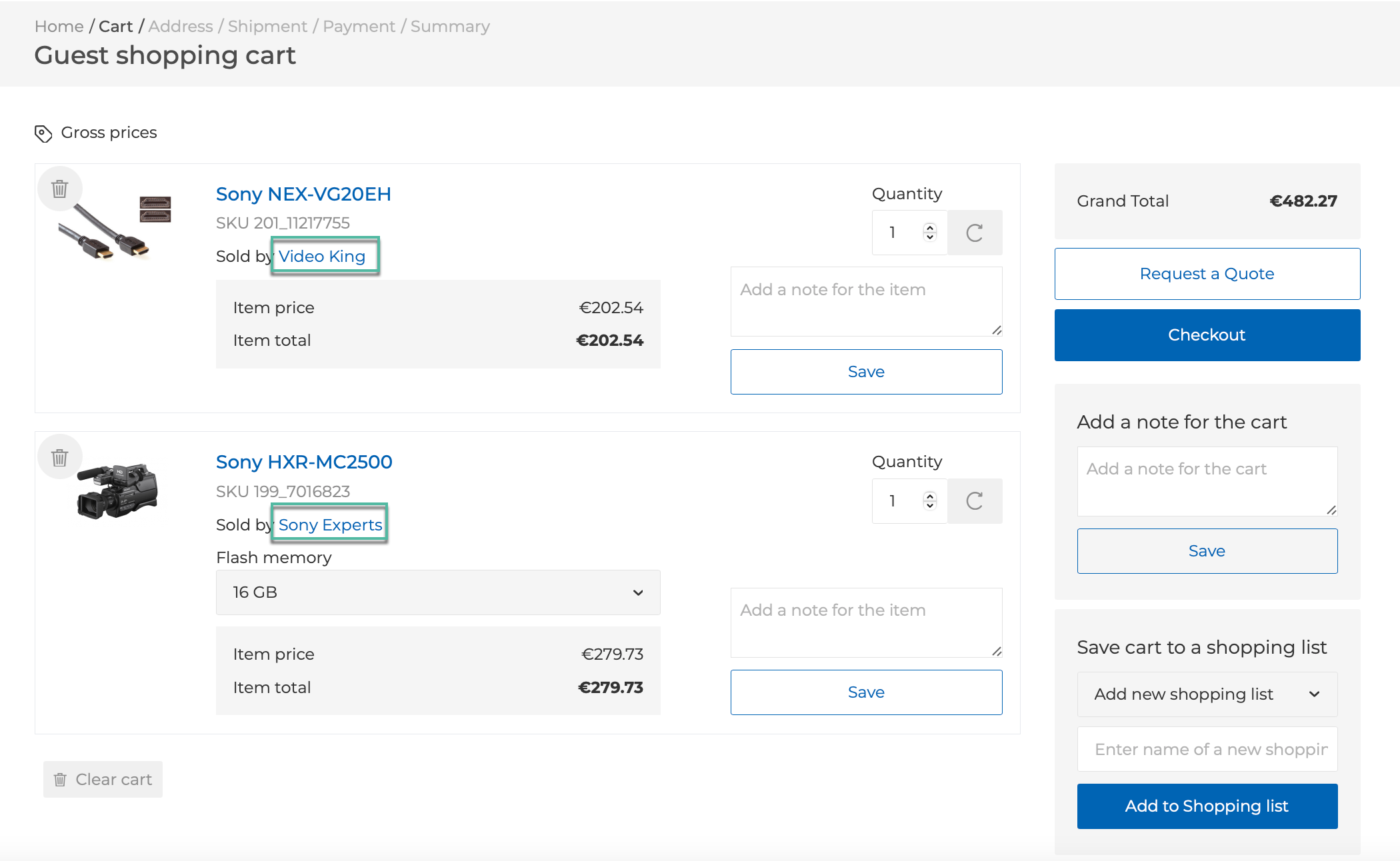 Merchant link on the cart page