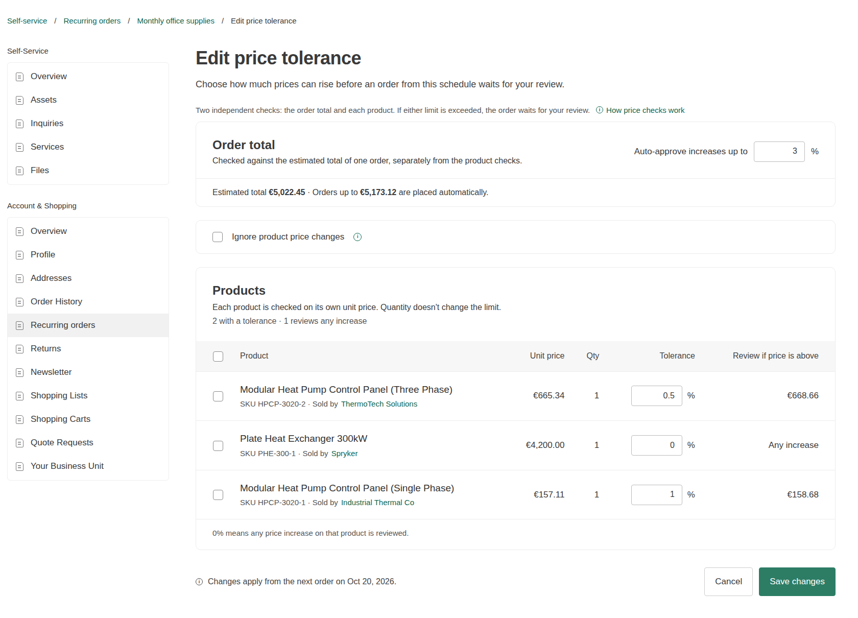 Price tolerances page with the order total tolerance, the Ignore product price changes checkbox, and the product tolerances