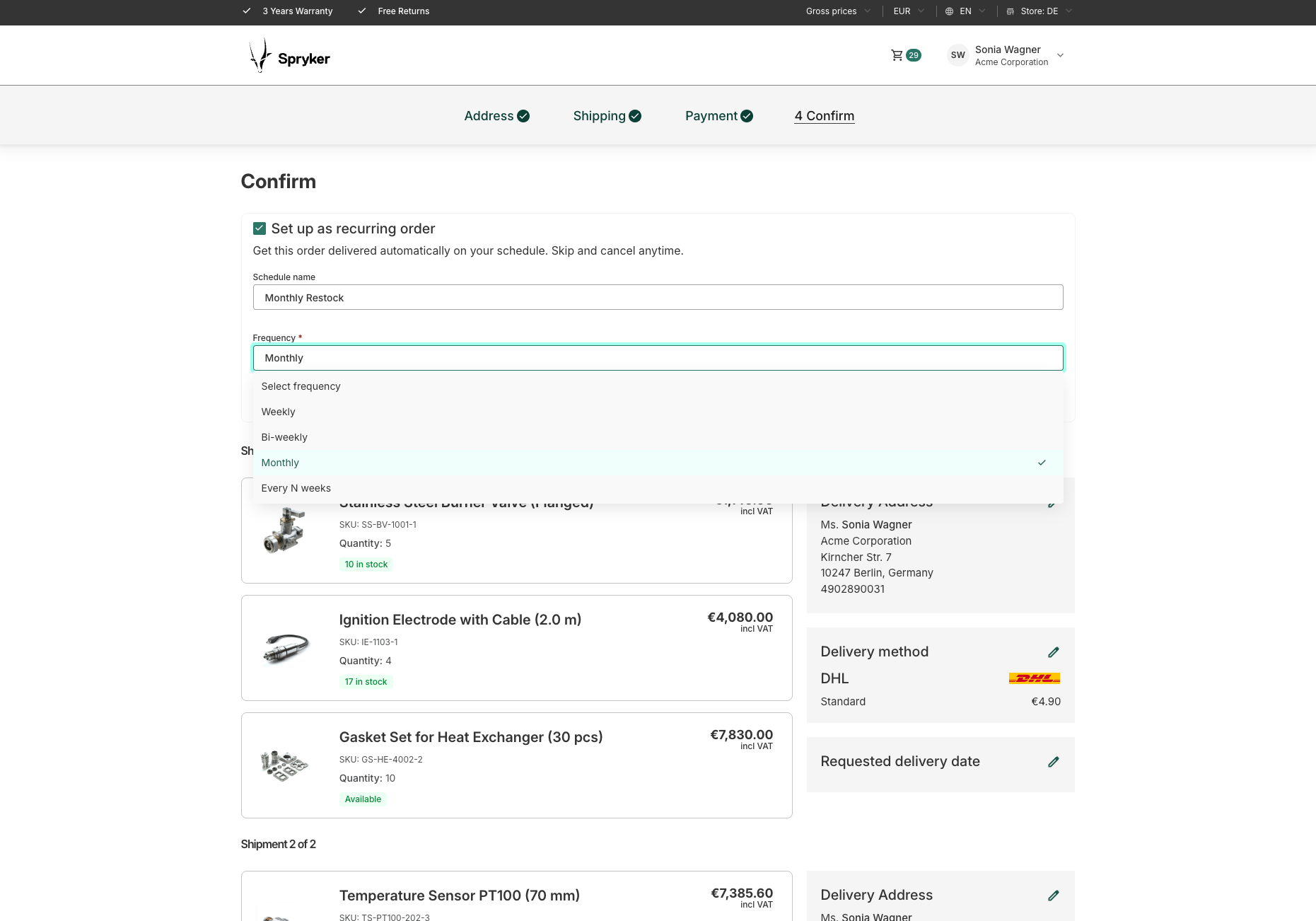 Recurring order setup at checkout