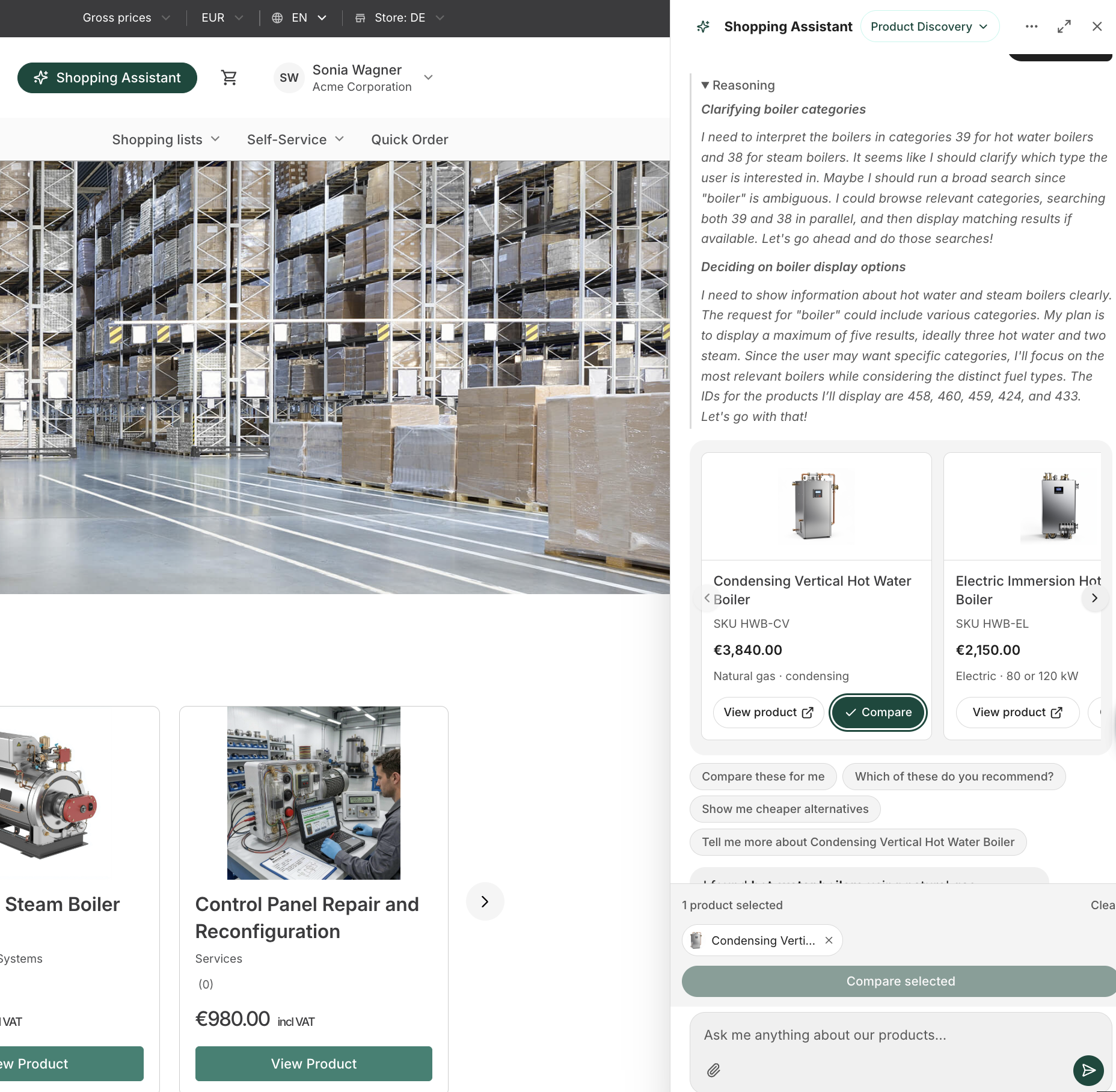 Storefront Assistant chat panel with product cards, suggested prompts, and the Compare selected button
