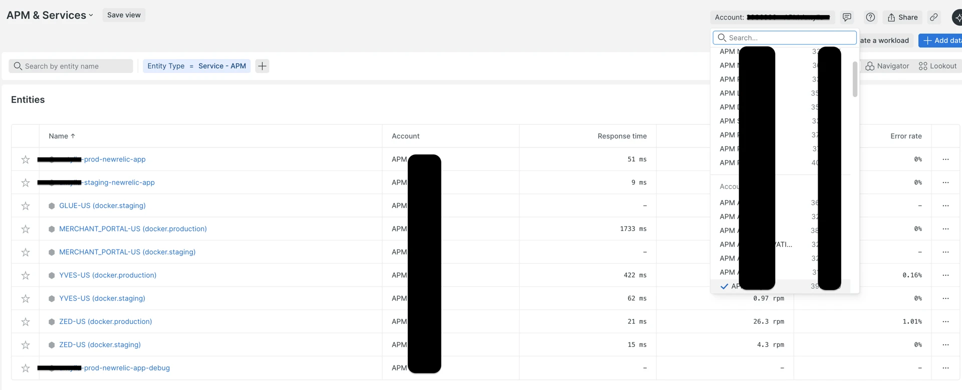 APM and Services list and APM account selector
