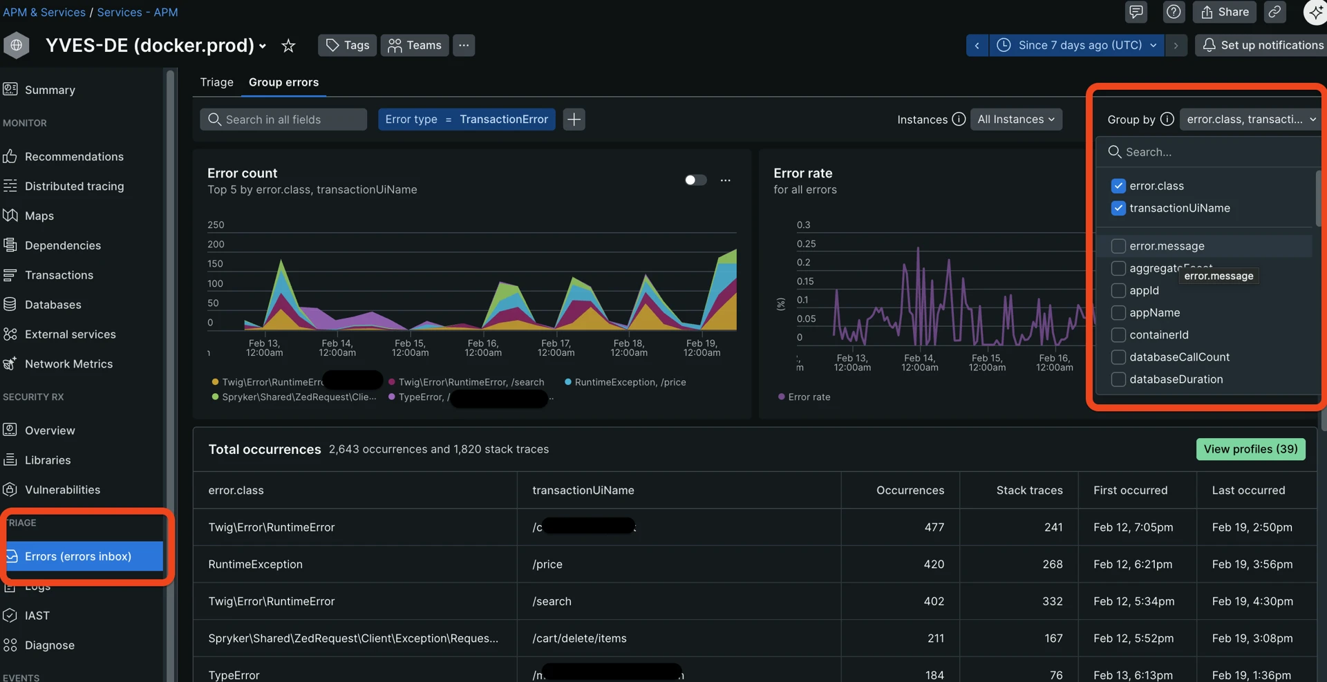 The error inbox and Group by dropdown