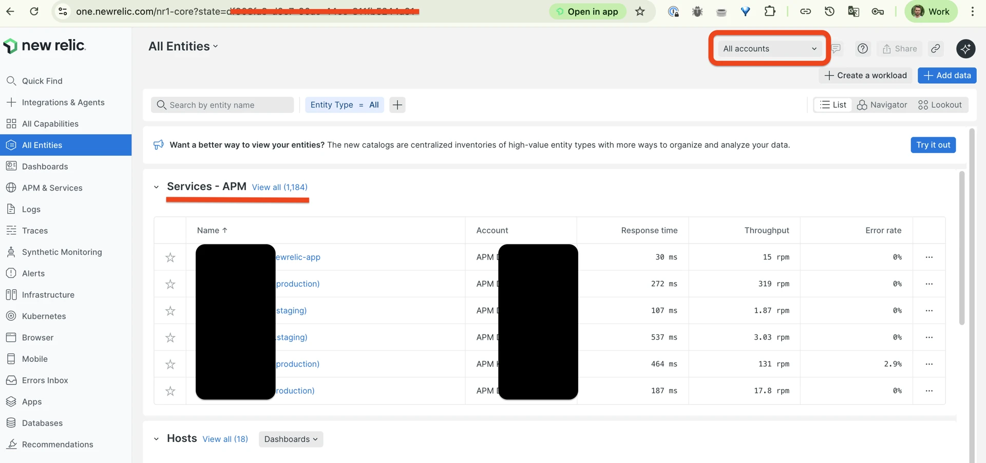 Main New Relic screen after login with account selector and Services - APM list