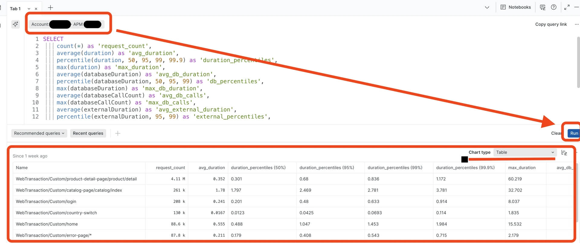 New Relic Query results table with Chart type selector