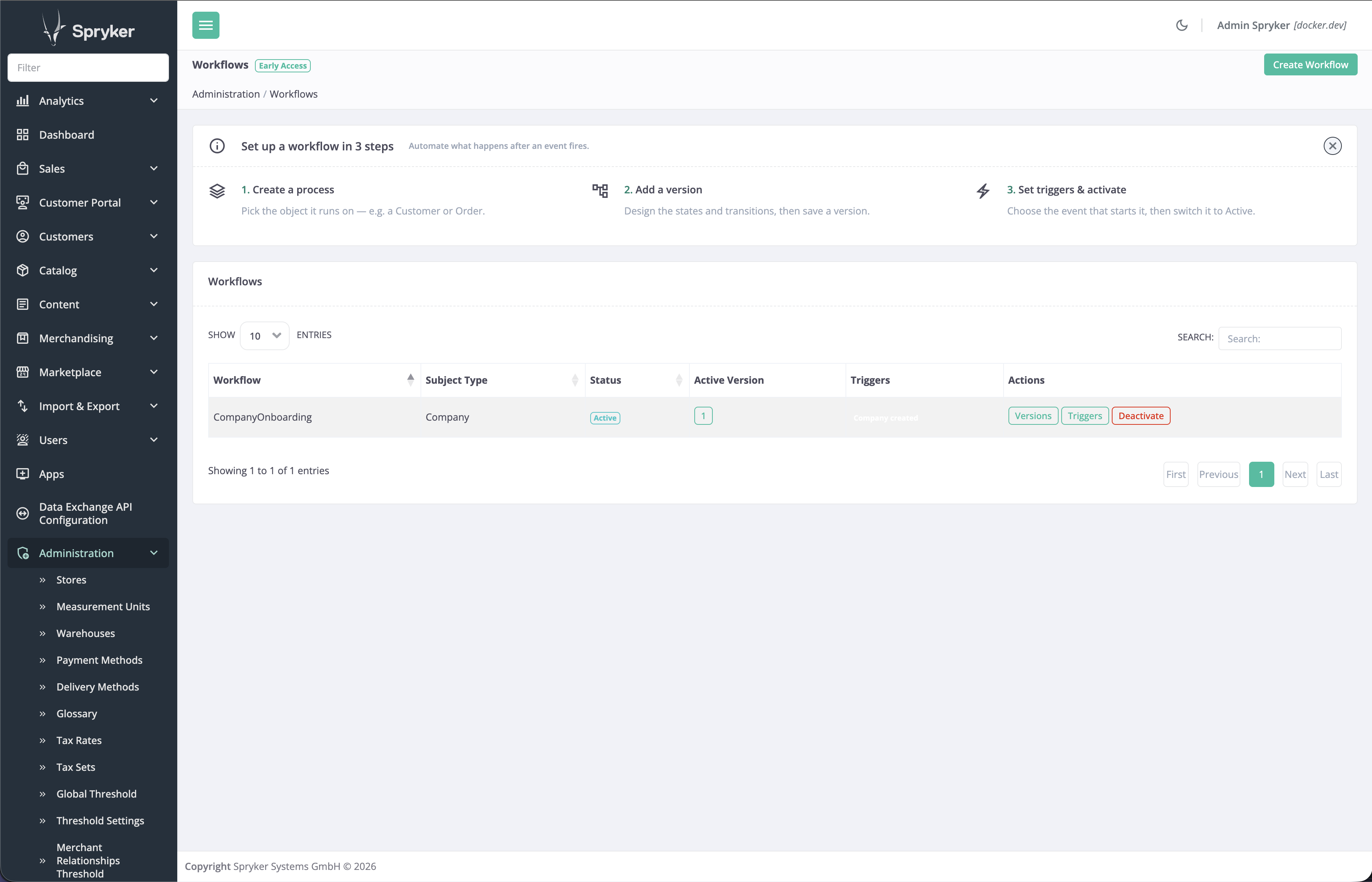 The Workflows list in the Back Office, showing the 3-step setup guide and the CompanyOnboarding workflow with its status, active version, and triggers