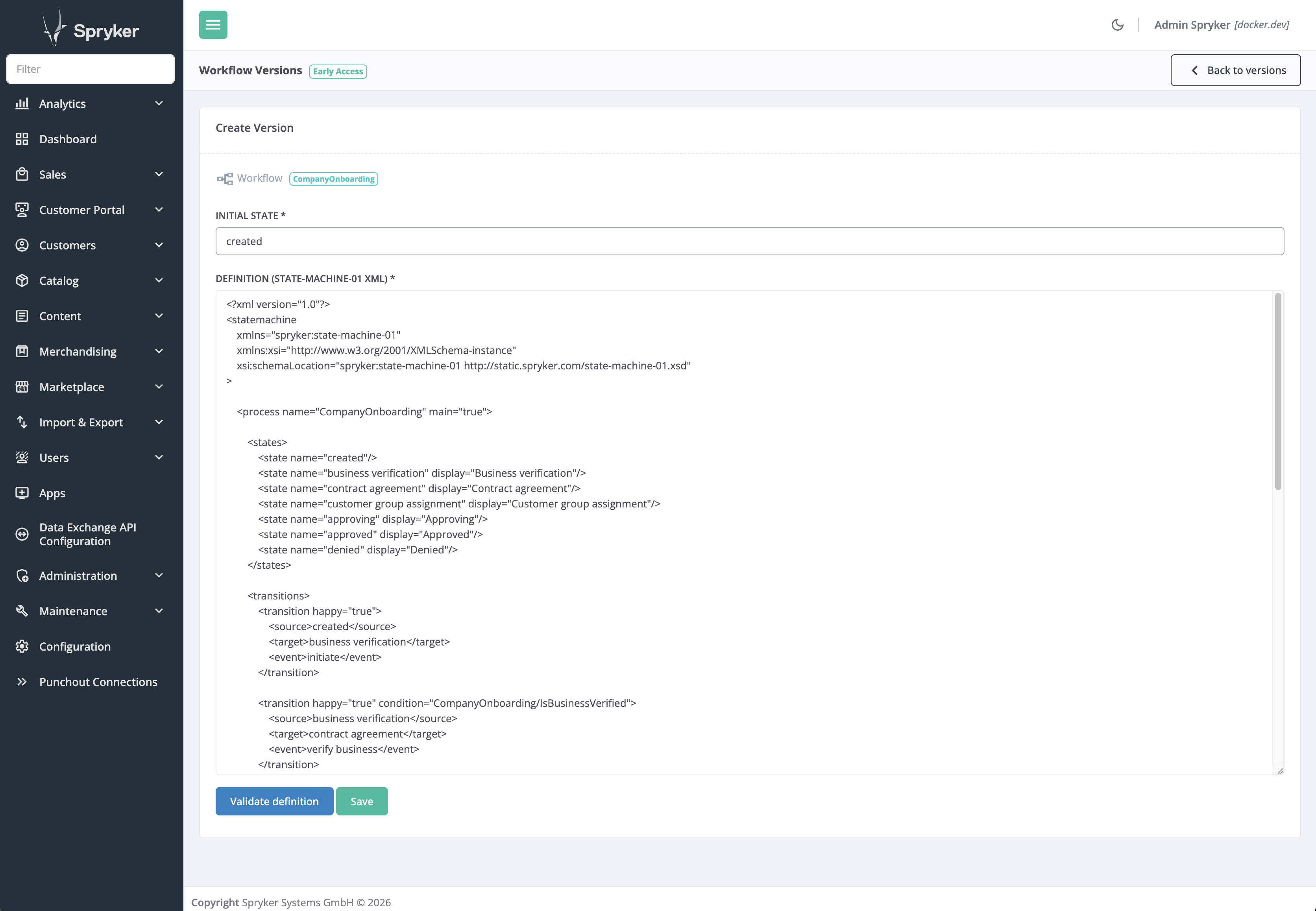 The Create Version screen in the Back Office, with the initial state set to “created” and the state-machine-01 XML definition pasted into the definition field