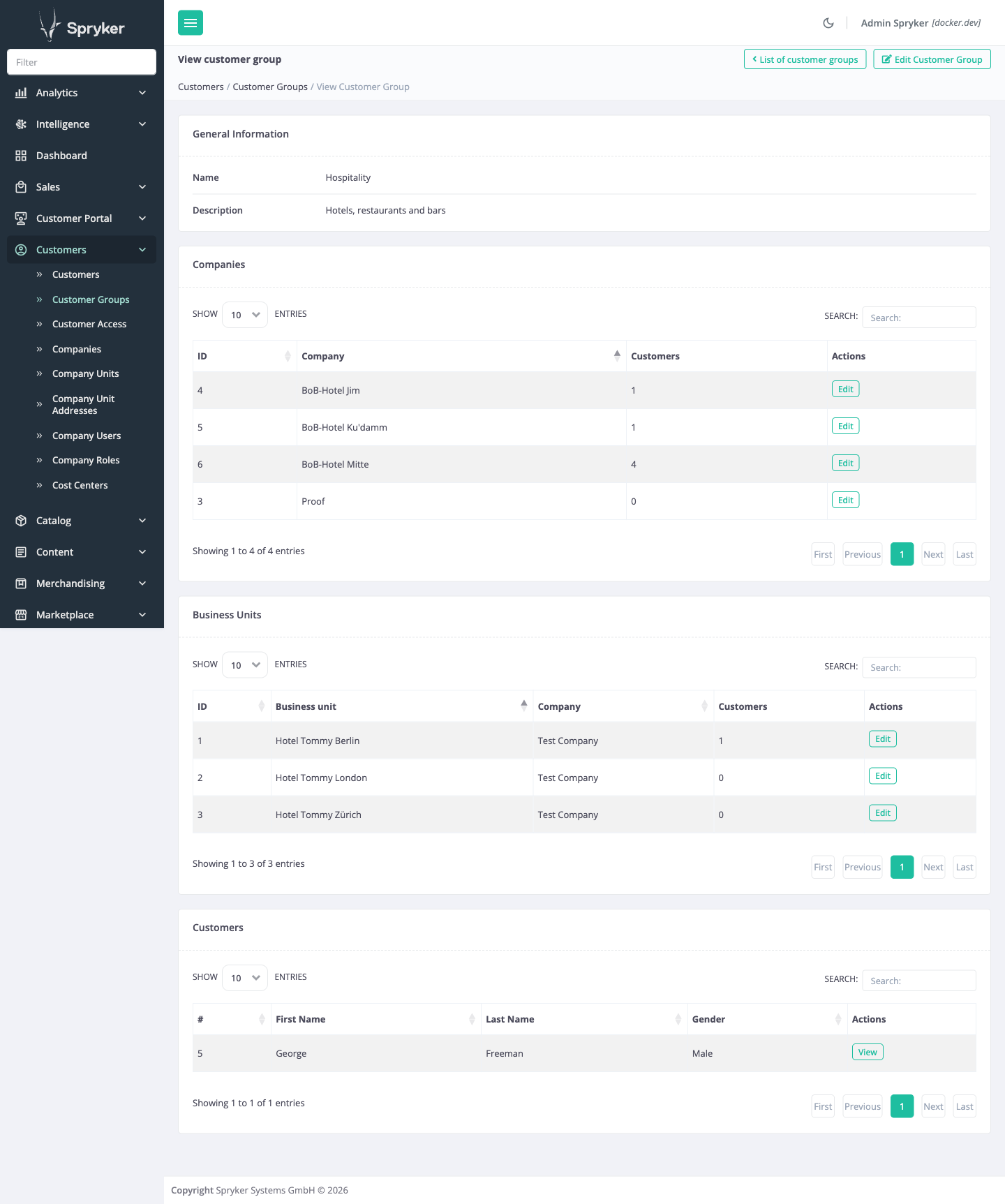 View customer group page with the Companies and Business Units panels