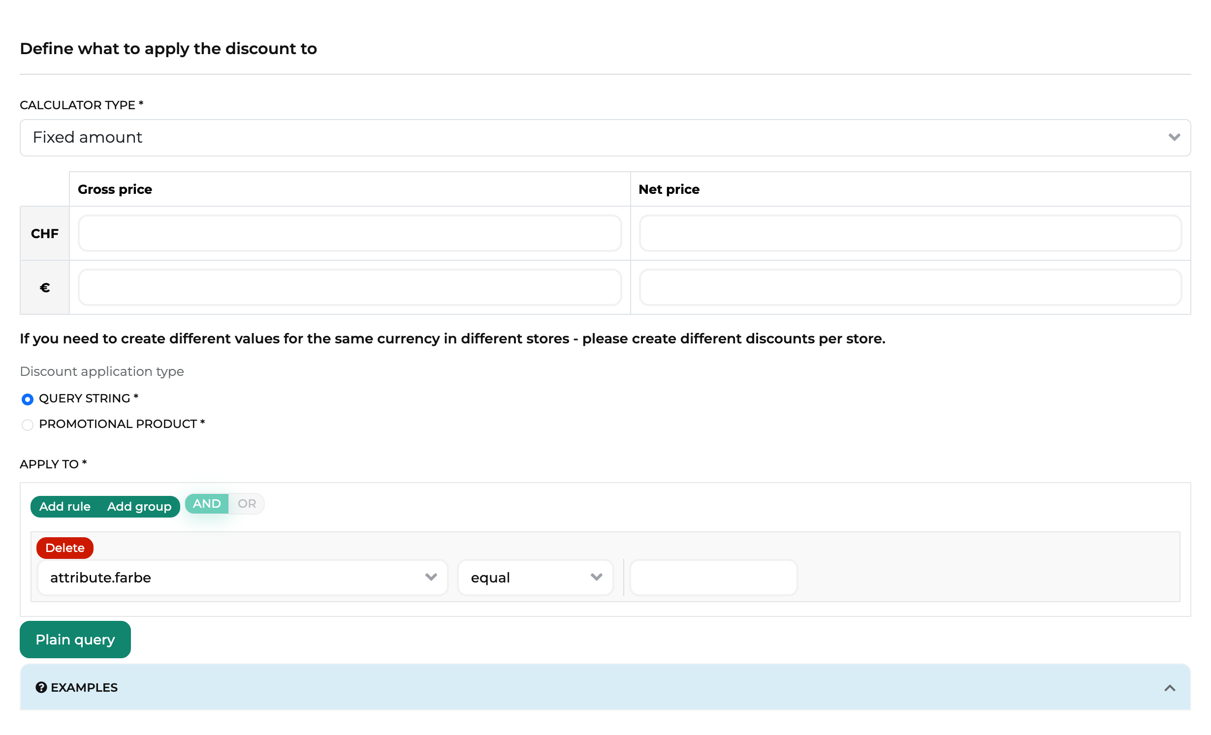 Apply to on the Discount calculation tab, with the rule attribute.farbe equal