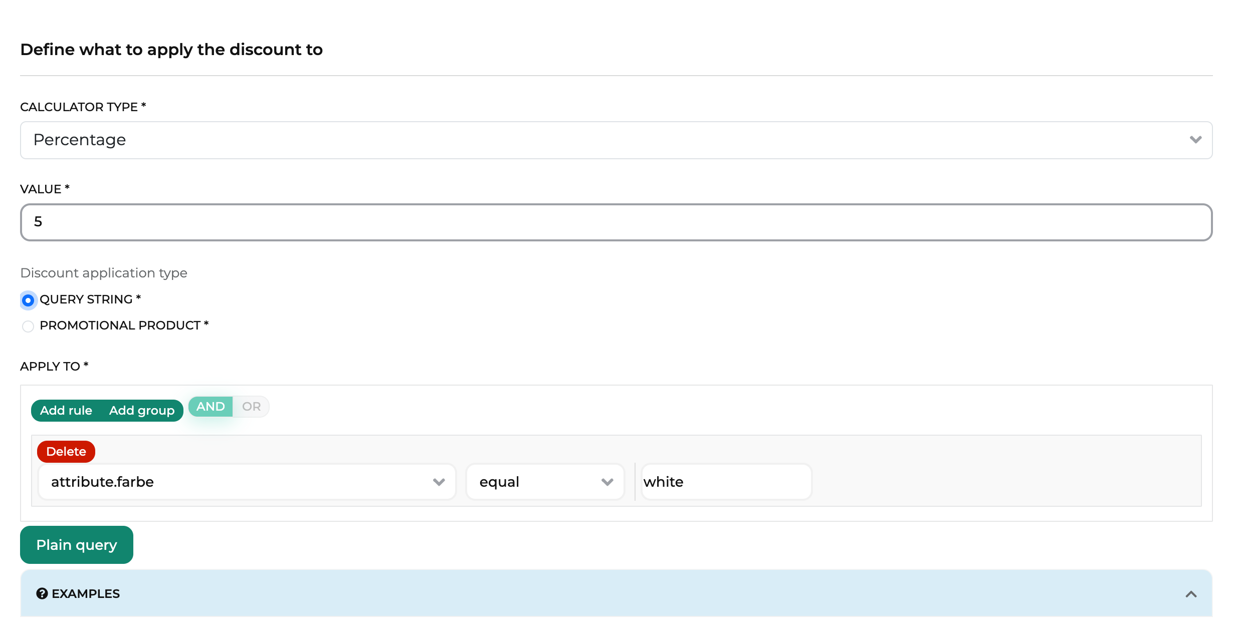Discount calculation tab showing the discount application type options and an Apply to query