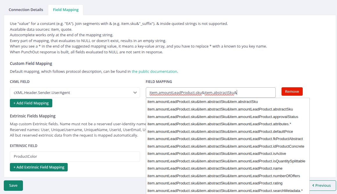 Source field autocomplete suggesting item and quote field paths
